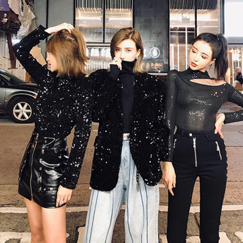 Harajuku расшитая блестками футболка женская новая футболка с длинным рукавом Женская винтажная тонкая водолазка Топ Женская одежда Женская футболка 128