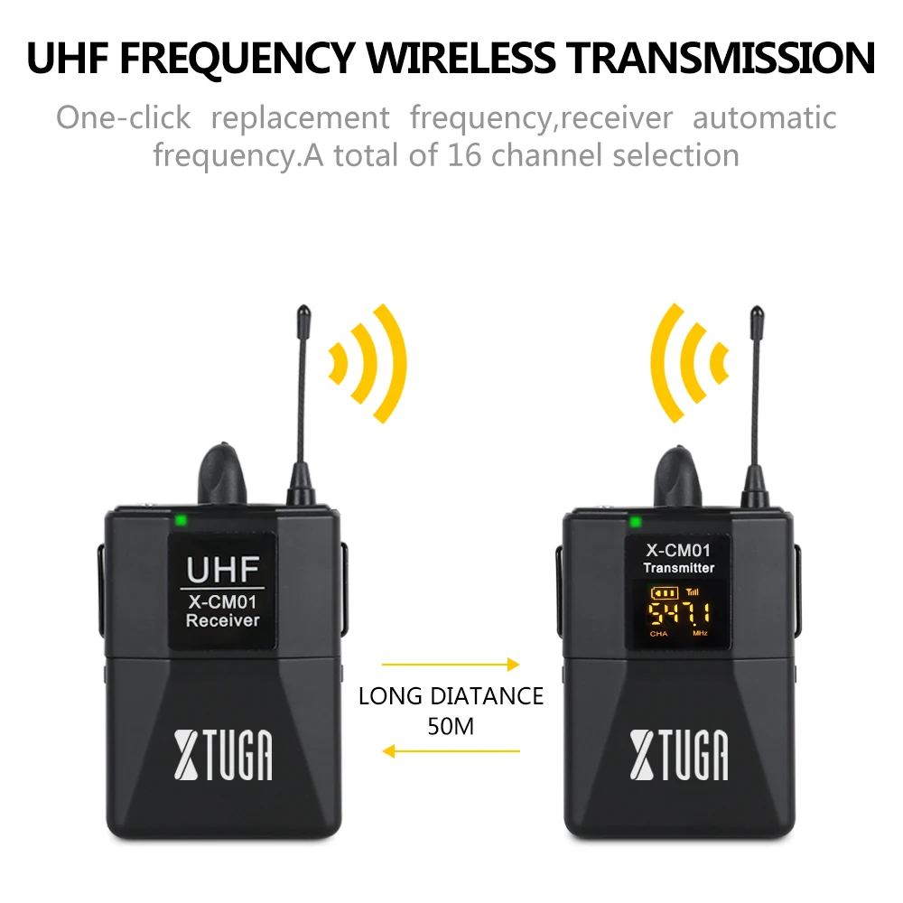 XTUGA X-CM01 UHF Беспроводной петличный микрофон, UHF лацканы микрофонная система с 16 выбираемых каналов поставляются с двумя 3,5 мм кабелями