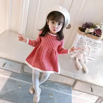 

Girl Casual Dress 2019 Autumn Clothing Children Knitting Lattice Increase Villus Dresses