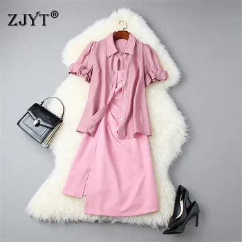 

Fashion Summer Women Short Sleeve Solid Loose Shirt and Strap Dress 2020 Lady Vestidos