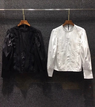 

2020 Spring and Summer New Women's round Neck Hollow Embroidery Flower Decoration Solid Color Long Sleeve All-match Shirt 407