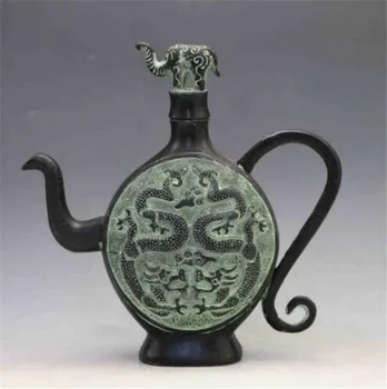 

COPPER STATUE Ancient Chinese Bronze Hand-carved Elephant Lid Of Shuanglong Teapot Wine Pot Statue