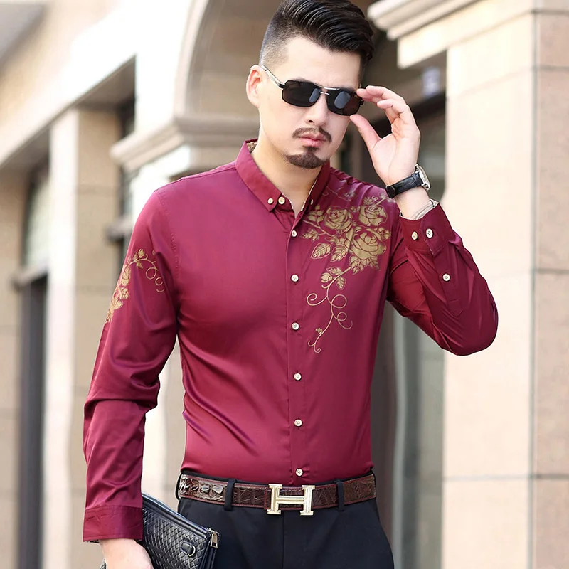 Burgundy Большие размеры 6XL 7XL рубашка Модная рубашка на пуговицах с принтом золотых роз мужская приталенная деловая рубашка с длинными рукавами Мужская Нижняя юбка - Цвет: Burgundy