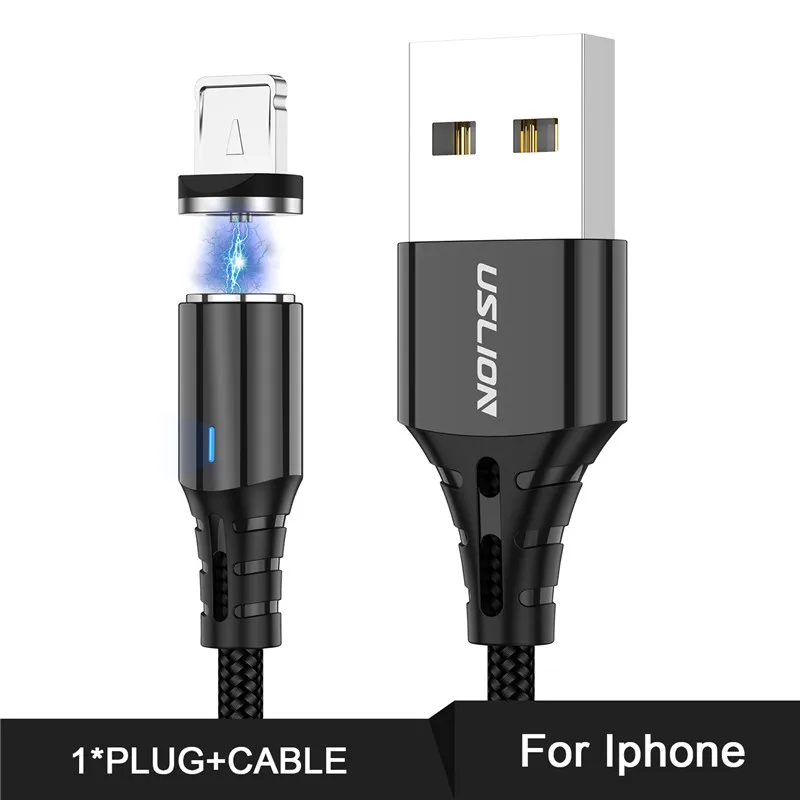 USLION 1 м 2 м металлический корпус светодиодный магнитный кабель usb type C для samsung Xiaomi Micro USB кабель для iPhone IOS 11 Магнитная линия передачи данных - Цвет: Black For iPhone