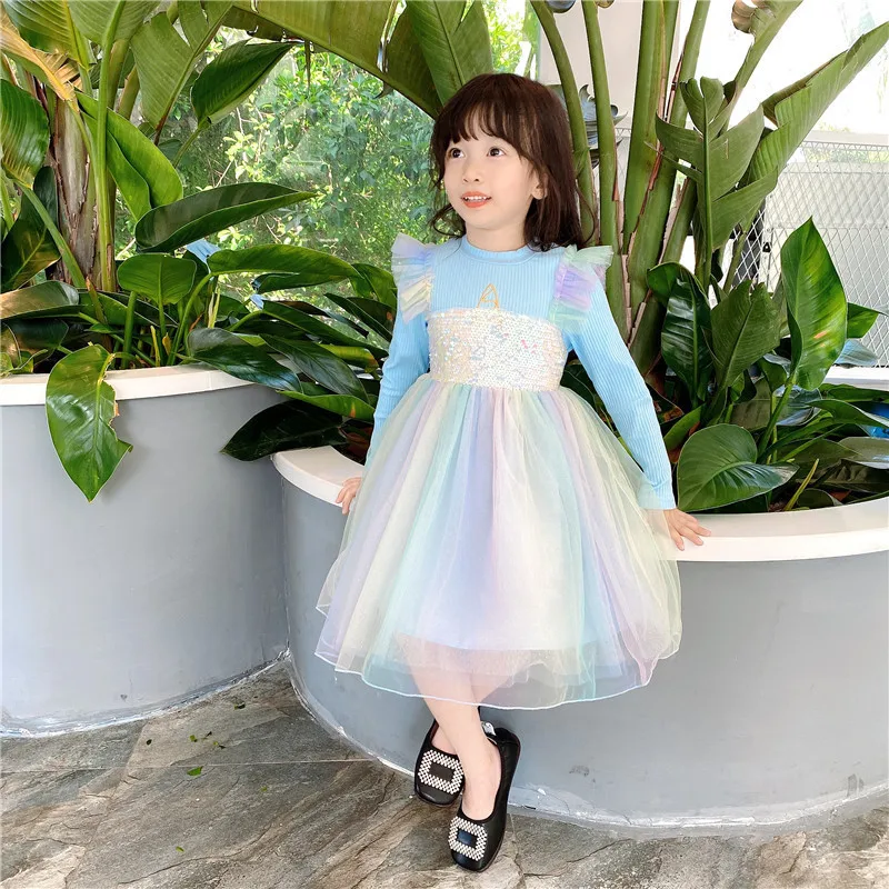 Ruffle Party Dress Girls Long Sleeve Cotton Ruffle Party Princess Dress Girl Sequin Rainbow Mesh Dress