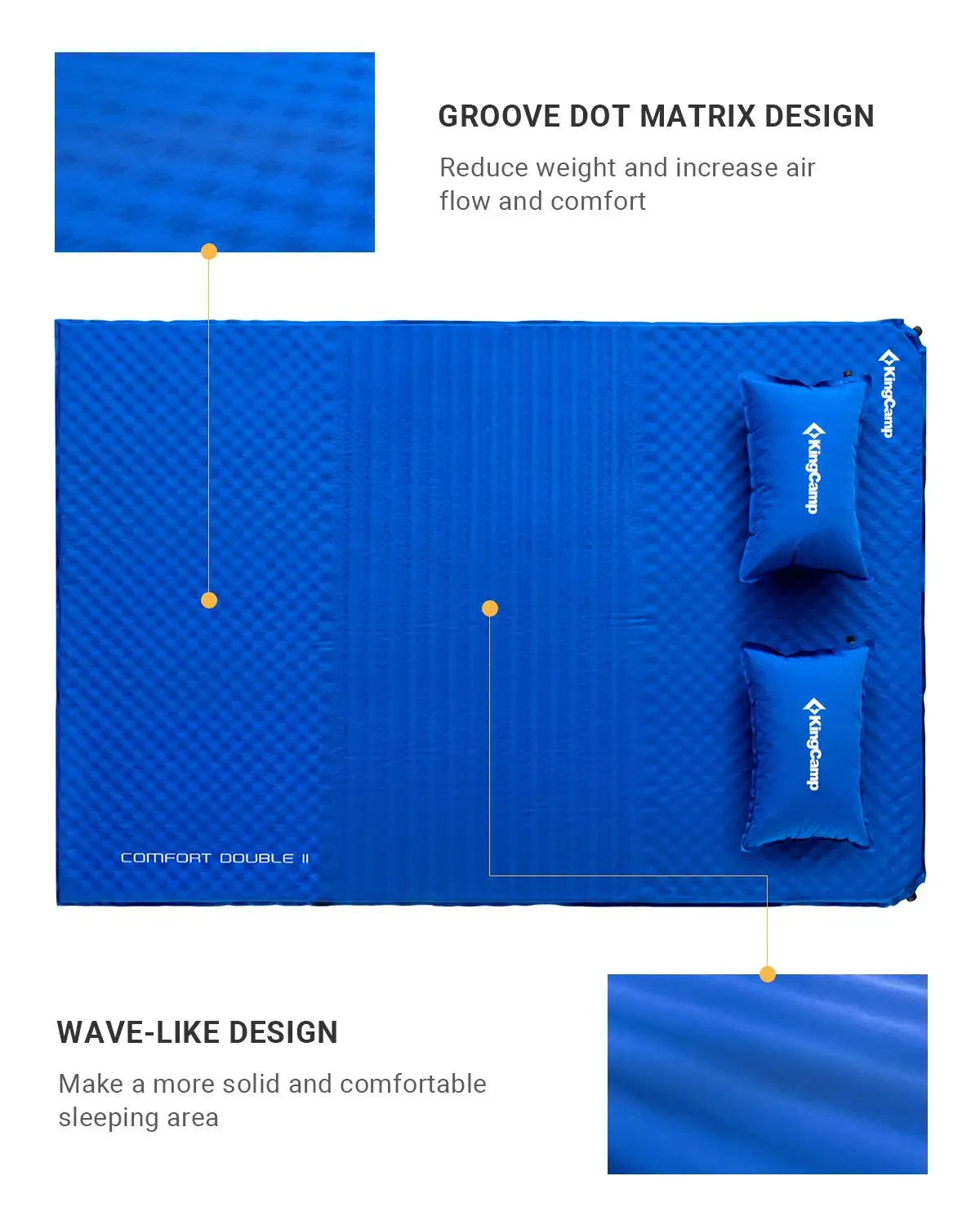 KingCamp Double Self Inflating Camping Bed Mattress Three Section Comfort Design with Pillow 198 x 130 x 4 cm