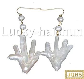 

JQHS HUGE Baroque 3" 38mm thenar form white Kasumi pearls Beaded earrings 14KT gold hook j11777