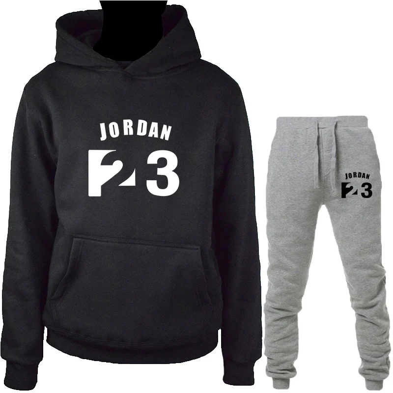 Новинка, модный брендовый спортивный костюм JORDAN 23, мужская спортивная одежда, комплект из двух предметов, хлопковая флисовая плотная толстовка с капюшоном+ штаны, спортивный костюм для мужчин s - Цвет: Black-HuiK
