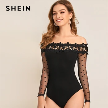 

SHEIN Off The Shoulder Contrast Lace Bardot Party Bodysuit Women 2019 Autumn Mesh Long Sleeve Elegant Skinny Bodysuits