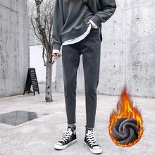 Джинсы женские зимние новые высокие уличные широкие брюки Hong Kong стильные джинсы с высокой талией модные повседневные Бархатные женские брюки