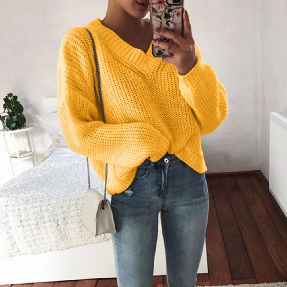 

LOOZYKIT 2019 Autumn Casual Pullovers Solid Sweater Women Loose V-neck Top Long Sleeves Knitted Office Ladies Soft Sweaters