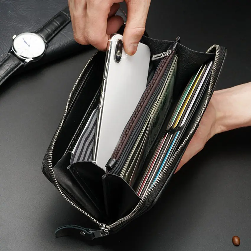 MANET RFID Genuine Leather Wallet Men's Vintage Business Purse with Multi Pockets Blocking Business Card Holder for Male