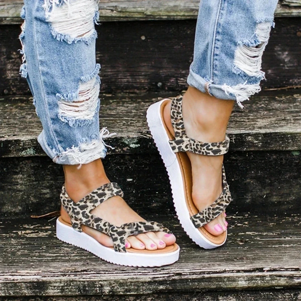 Sandalias de verano para mujer, zapatos de playa para mujer, sandalias bajas a la moda informales con plataformas de leopardo, zapatos con punta abierta, zapatos de pies descubiertos, de mujer|Sandalias de -