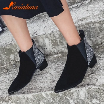 

Karinluna 2020 New Fashion Big Size 43 Thick Heels Ankle Boots Woman Shoes Slip On Cow Suede Comfy Pointed Toe Fashion Boots