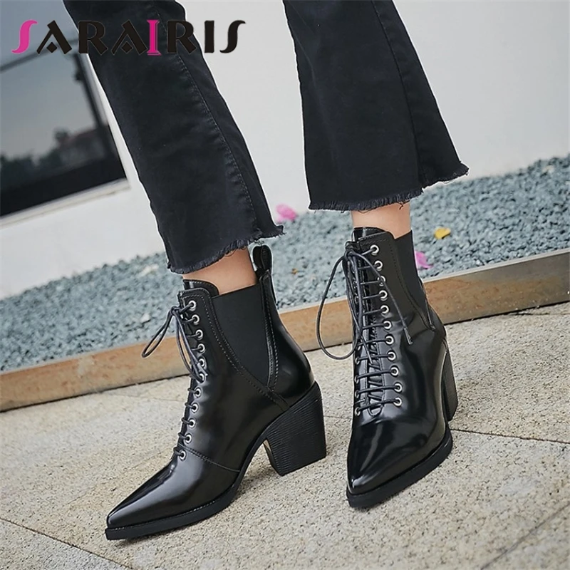 

SARAIRIS New Big Size 33-42 Brand New Ladies Pointed Toe Genuine Leather Ankle Boots Women High Chunky Heels Ol Shoes Woman