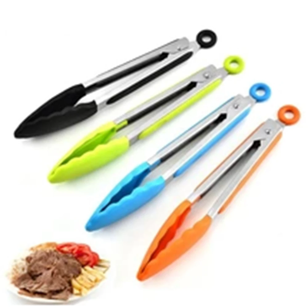 8inch Silicone Kitchen BBQ Tongs Stainless Steel Locking Cooking Tongs Silicone Tips Non-Slip Cooking