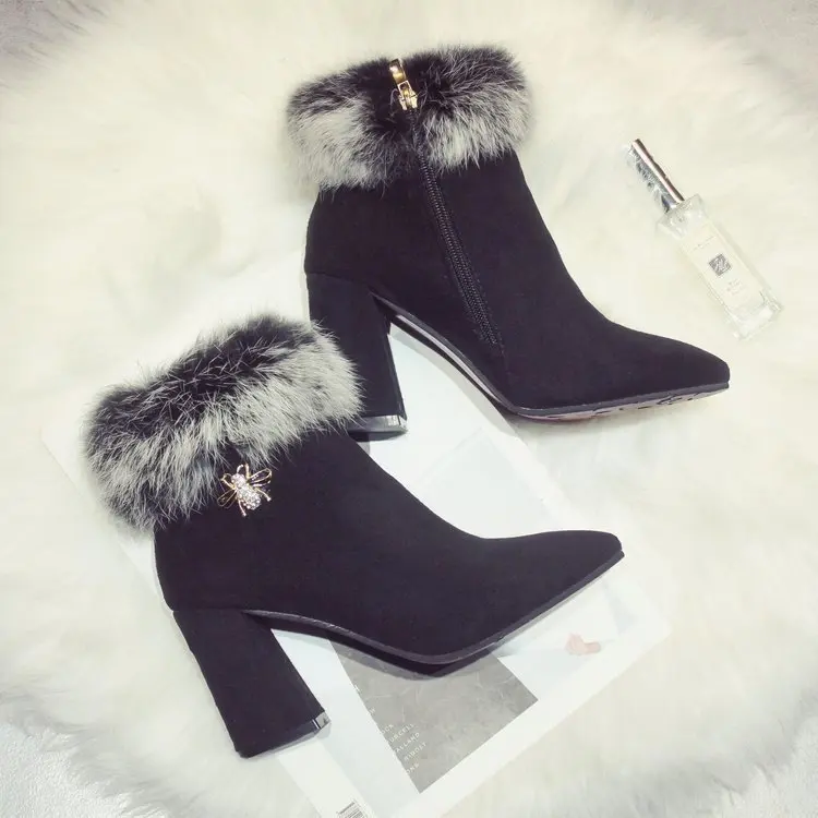 

Winter New Style Cotton Boots Chunky Heel Furry Versatile Pointed-Toe 2017 Autumn Thick Martin Boots Europe And America WOMEN'S