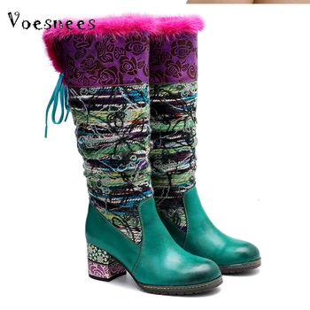 

Voesnees Women's Shoes 2020 Autumn and Winter Fashion Knitting Woolen Long Women's boots Stitching Floral Warmth Knee Soft Boots