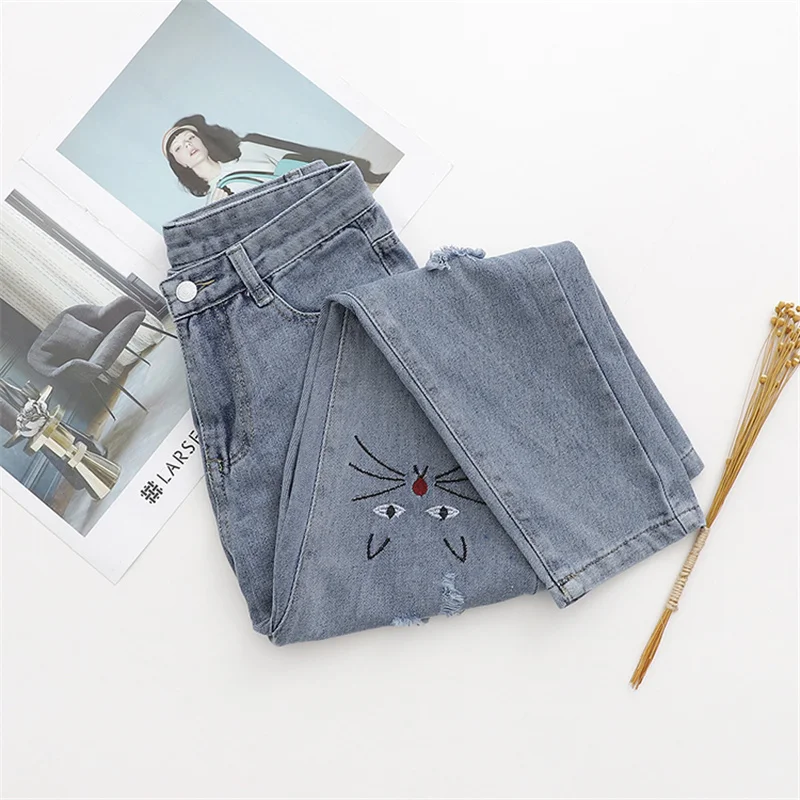 OMIKRON New Women Boyfriend High Waist Jeans Woman Plus Size Denim Jeans Cute Cat Embroidery Pencil Pants Push Up Jeans Femme