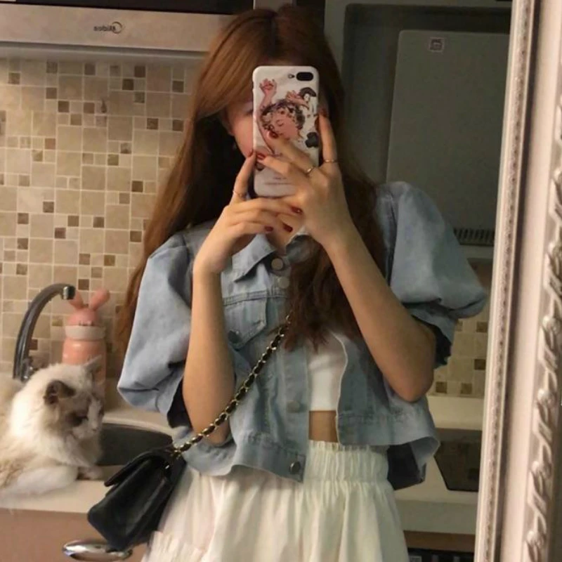 여성용 데님 재킷 크롭탑, 빈티지 레트로 퍼프 슬리브, 루즈한 싱글 브레스티드, 기본 여성 아웃웨어, 올매치 얼짱 시크 튜닉