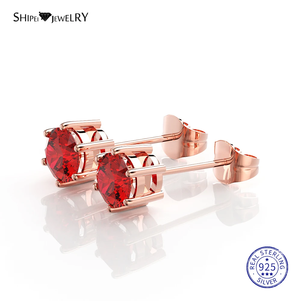 

Shipei 100% 925 Sterling Silver Fine Jewelry Sapphire Emerald Ruby Round Stud Earrings Simple Ear Studs for Women Birthday Gift