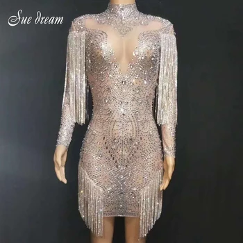 

2020 Women Sparkly Crystals Mesh See-Through Long Sleeve Diamond Tassel Dress Evening Party Dress Birthday Celebration Costume