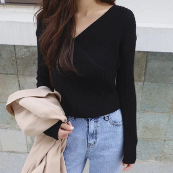 

Cashmere sweater women's thin section solid color casual Knitwear 2019 autumn new Korean slim V-neck striped wild short tops