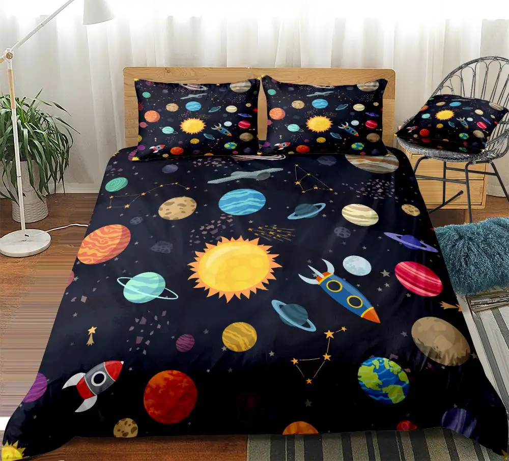 Galaxy Duvet Cover Set Cartoon Planet Bedding Set Galaxy Bed Linen Kids Teens Beds Set Starry Home Textile Microfiber Bedclothes