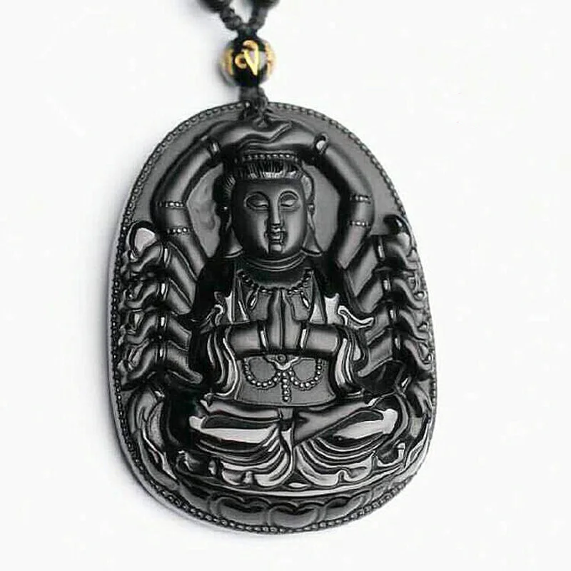 

Natural Obsidian Patron saint pendant black crystal Avalokitesvara pendant Necklace Gift For Men fine Jade pendant jewelry