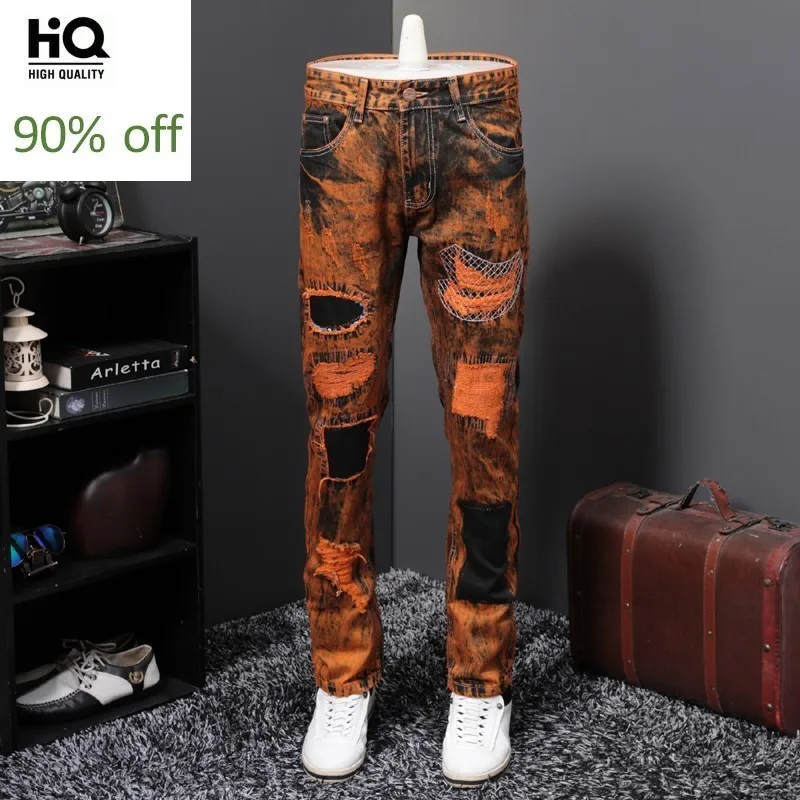 

2020 Personality European Mens Vintage Hole Patch Denim Pants Full Length Straight Punk Style Plus Size Jeans Hombre Streetwear