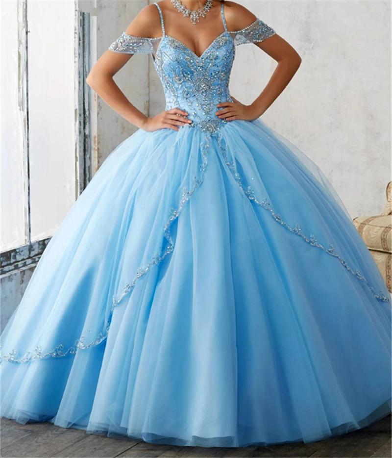 Светильник голубое милое бальное платье Хрустальный Тюль бисер Vestido De 15 Anos BM169
