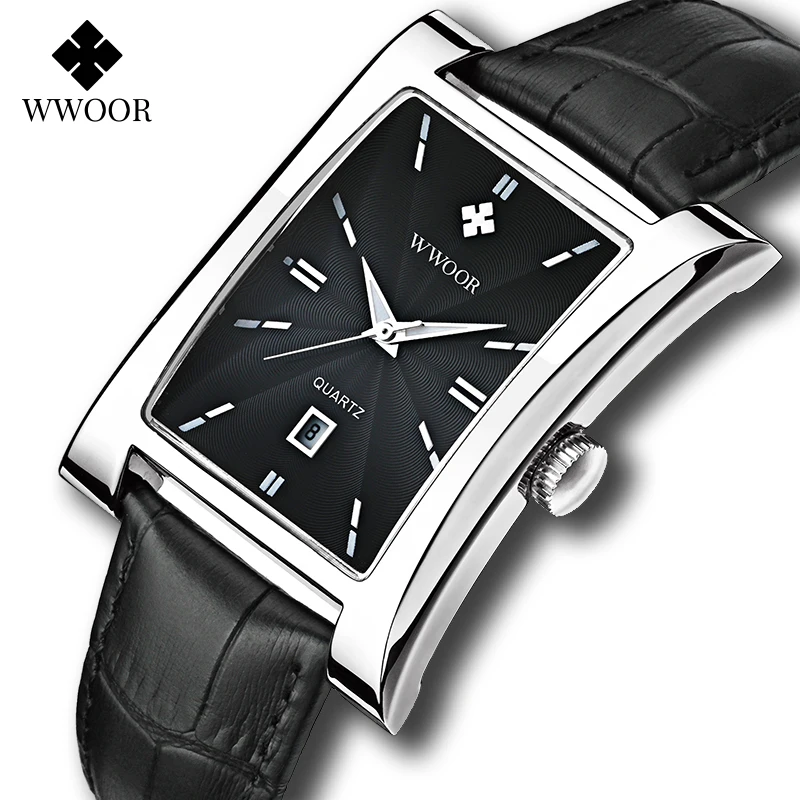 WWOOR Men's Square Watches Top Brand Luxury Black Leather Strap Quartz Waterproof Clock Male Automatic Date Wrist Watch With Box luminous auto gauge clock mini car air vent quartz clock with clip air outlet watch clock for styling waterproof car access