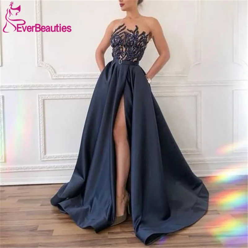 

Sweetheart Satin Evening Dresses with Pockets 2021 Long Prom Gown Side Split Abiye Vestido De Festa Lace Robe De Soiree