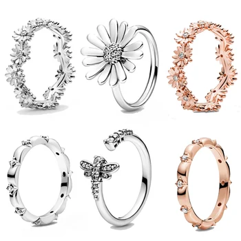 

2020 Spring Genuine 925 Sterling Silver Ring Sparkling Daisy Flower Crown Rings Women Engagement Jewelry