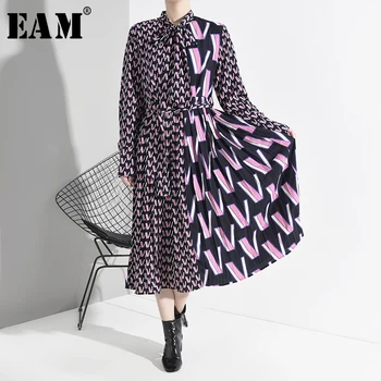 

[EAM] Women Pattern Print Split Midi Dress New Bow Collar Neck Long Sleeve Loose Fit Fashion Tide Spring Autumn 2020 A872