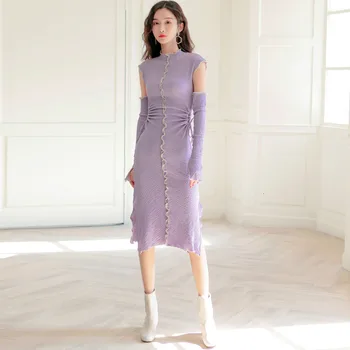 

LANMREM 2020 new spring street fashion women clothes Purple autumn drawstring sexy vintage dress female vestido WK13214L
