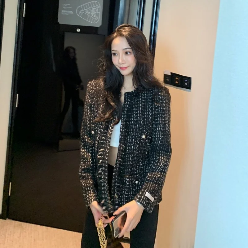 

Женский твидовый Кардиган с длинным рукавом, элегантный шерстяной короткий жакет с круглым вырезом, Модный женский кардиган с жемчужинами, жакеты для офиса, осень 2022