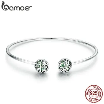 

BAMOER Genuine 925 Sterling Silver Tree of Life Green Crystal CZ Women Open Cuff Bangle & Bracelet Luxury Silver Jewelry SCB057