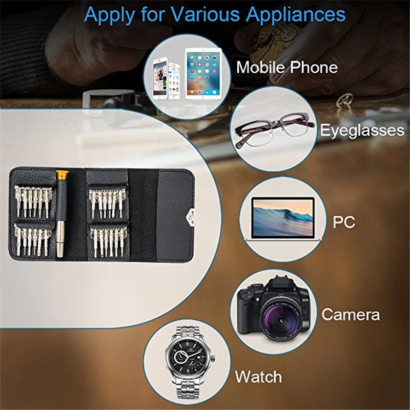 

BUYRUO 25 in 1 Screwdriver Set Repair Hand Tool Kit For smart Cellphone Tablet PC Glasses Watch Portable Wallet Packing