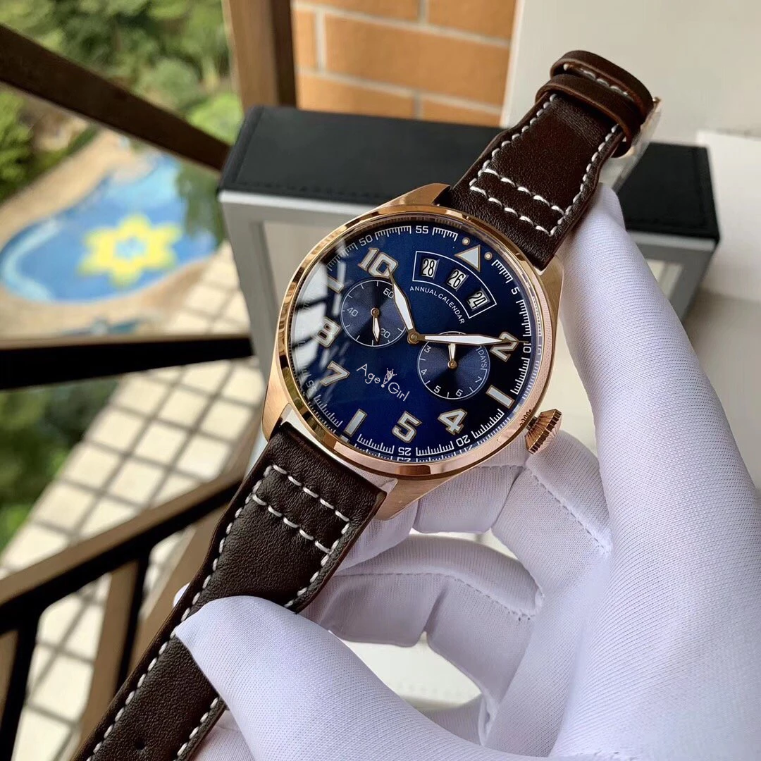 

Luxury Brand New Men Automatic Mechanical Big Pilot Le Petit Prince Annual Calendar Power Reserve Stainless Blue Leather Watch