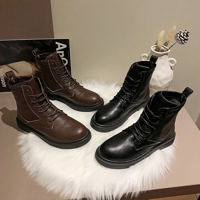 Lace Up Women's Leather Boots Flat Heel Round Toe Low Heels booties Booties Ladies Fashion Womens Shoes Boots-women Punk