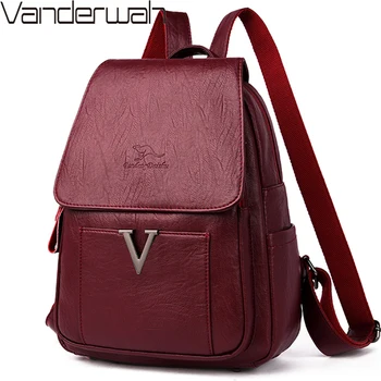 

New V Letter Women Genuine Leather Backpacks Female Sac Travel Back Pack Ladies Bagpack Mochilas School Bags For Teenage Girls