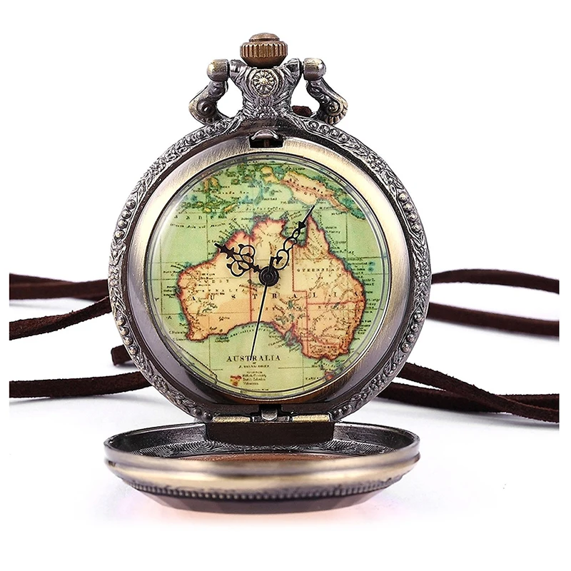 

New Australia Map Pocket Watch Analog Quartz Watch Bronze Chain Watch Unisex