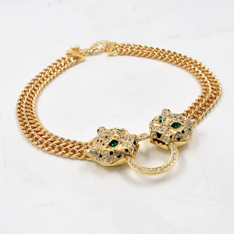 moda jóias de cristal definir gargantilhas colar dupla camada corrente cabeça de leopardo pingente colar feminino presente atacado