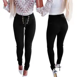 Модные сексуальные женские однотонные с высокой талией однотонные длинные брюки бандажные брюки с пуговицами тонкие женские OL брюки