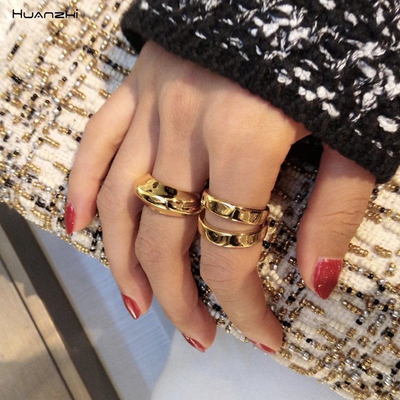 

HUANZHI 2019 New Fashion Gold Silver Double Round Hollow Metal Rings Exaggeration Simple Geometric Rings Jewelry Gift