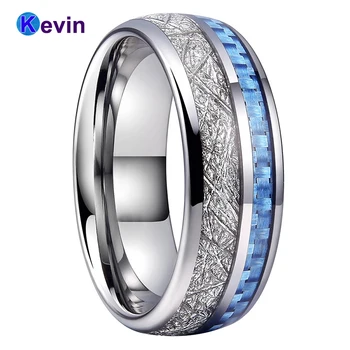 Anillo de boda de tungsteno para hombre y mujer, sortija con incrustaciones de meteorito blanco y fibra de carbono azul claro, 8MM, ajuste cómodo