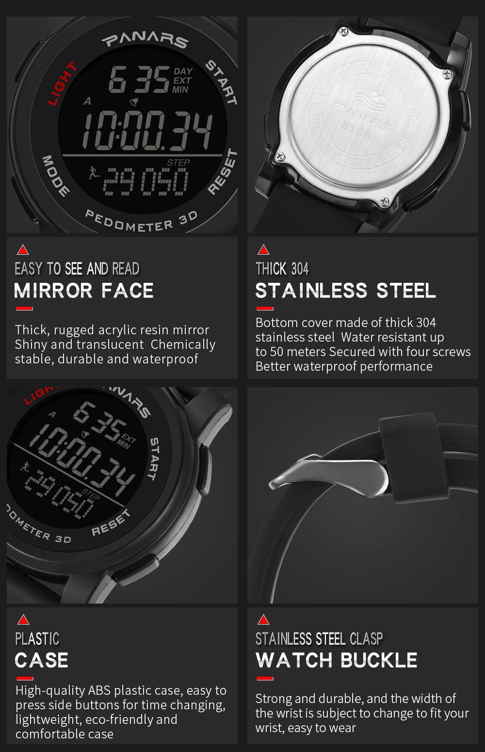 PANARS Mens Digital Watches Men's Sport Watch Dual Time Pedometer Alarm Clock 50M Waterproof Military Multifunction Reloj Hombre