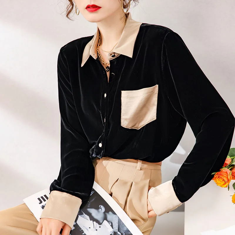 100% Silk Women's Runway Shirts Turn Down Collar