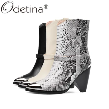 

Odetina New Fashion Genuine Leather Women Strange High Heel Strap Ankle Boots Zip Metal Pointed Toe Winter Shoes Plus Size 43